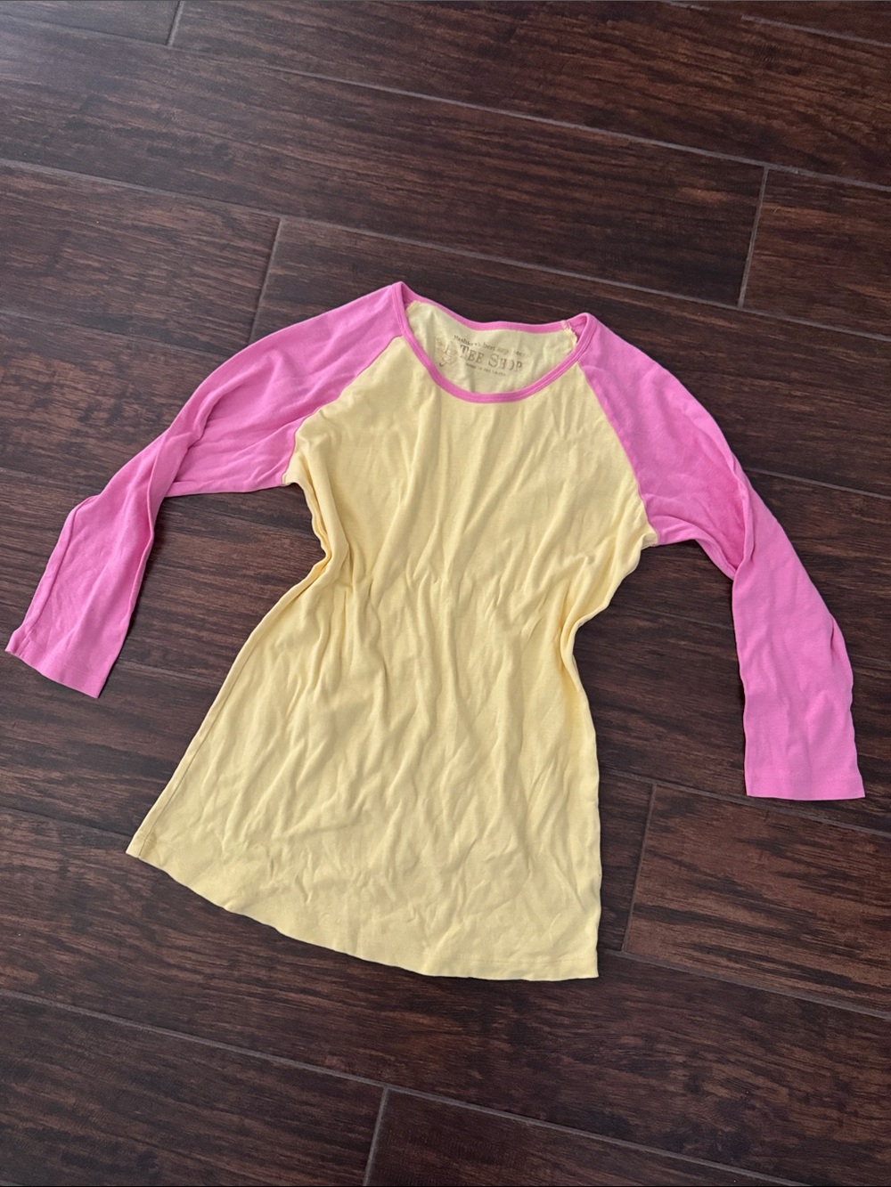 Victoria’s Secret Tee Shop Vintage Pink Butter Yellow 100% Cotton Baseball Shirt